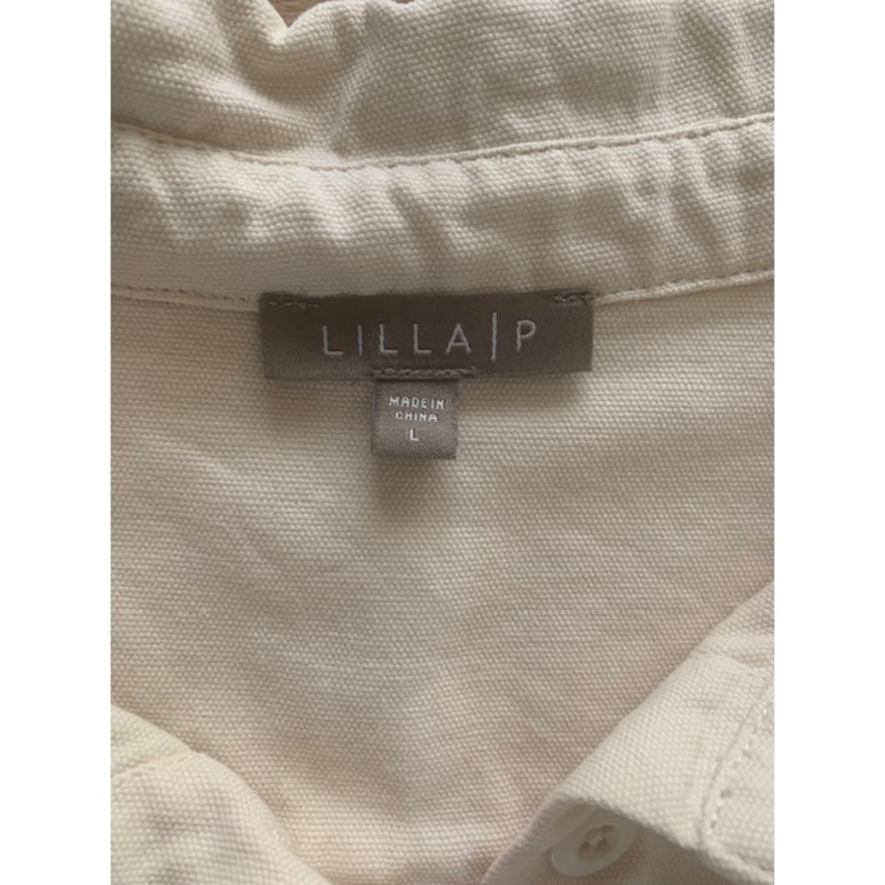 Lilla P Cream Canvas Button Down Shirt Dress‎ Puff Sleeve Mini PA2290 Size L - Picture 7 of 9